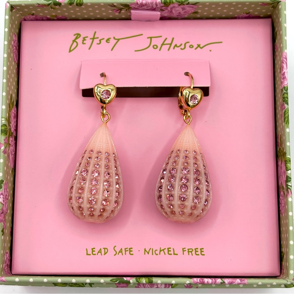 Betsey Johnson CRYSTAL TEAR LEVER EARRINGS PINK - Picture 6 of 7